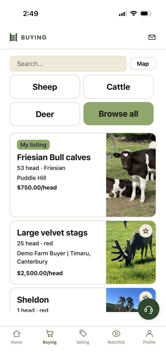 The Paddock app’s Buying screen, with species buttons and stock listings