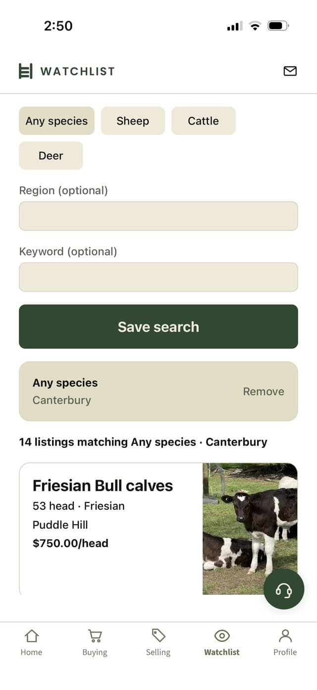 The Paddock app’s Watchlist screen, with a saved search for Canterbury
